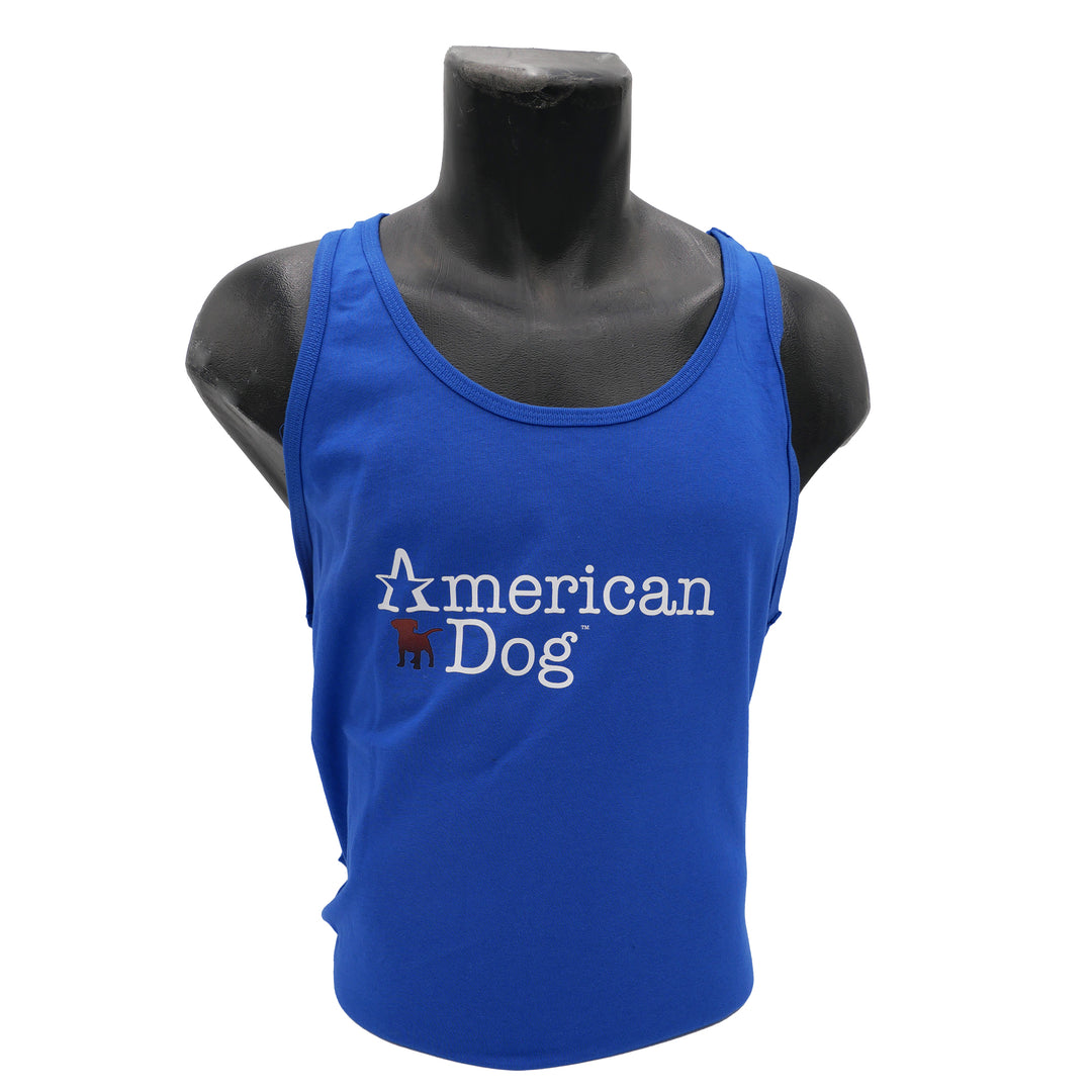 Blue 100% Cotton Tank Top American Dog logo on Front