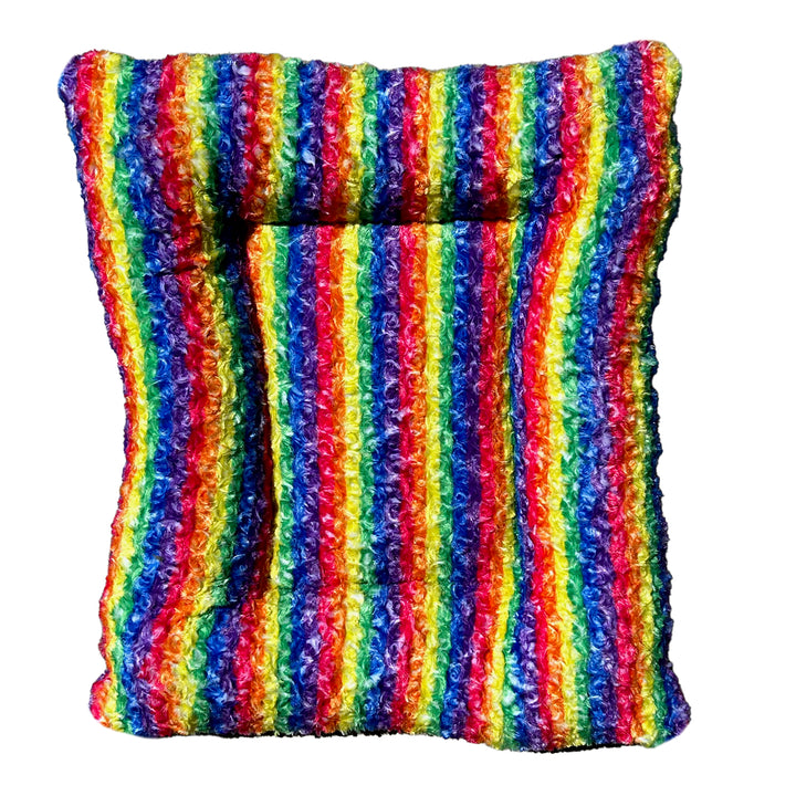 Rainbow colored rectangle bolstered fleece dog bed