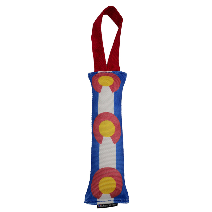 Fire Hose dog toy with 'Colorado' flag  repeat and red handle.