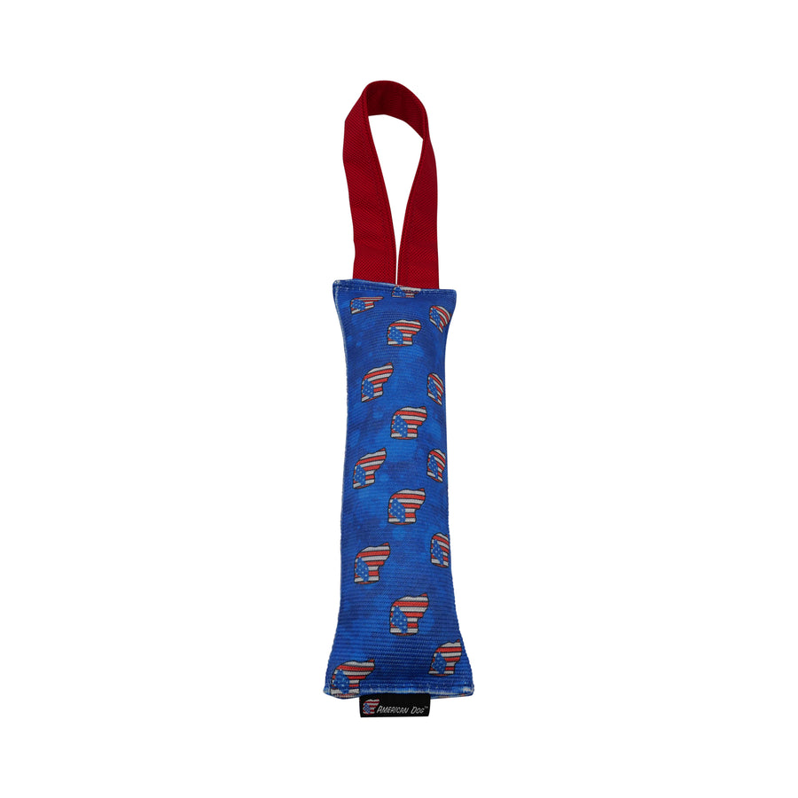 Blue Fire hose with american dog head logo repeated and red handle.