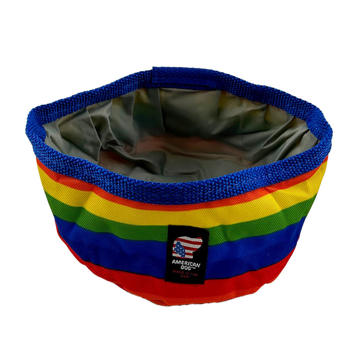 Rainbow striped water bowl that collapses