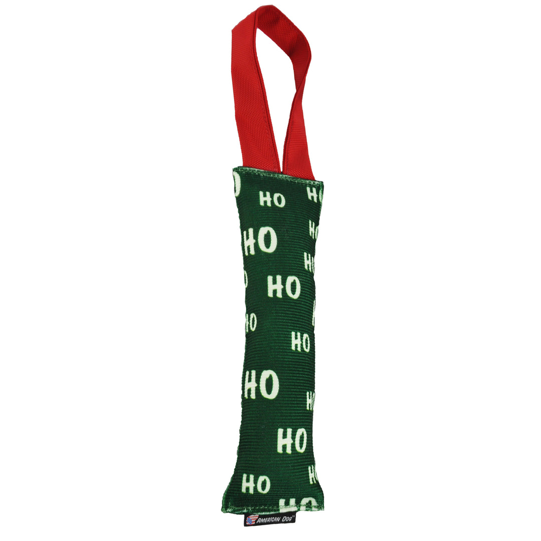 Green fire hose with white Ho Ho Ho and red handle.