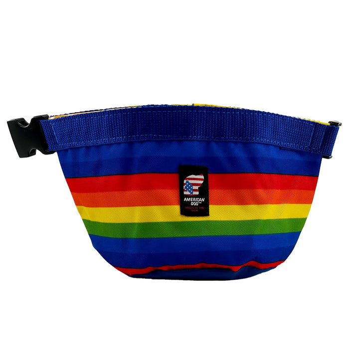 Rainbow striped collasiple bowl for dog food with a quick release buckle for closure.