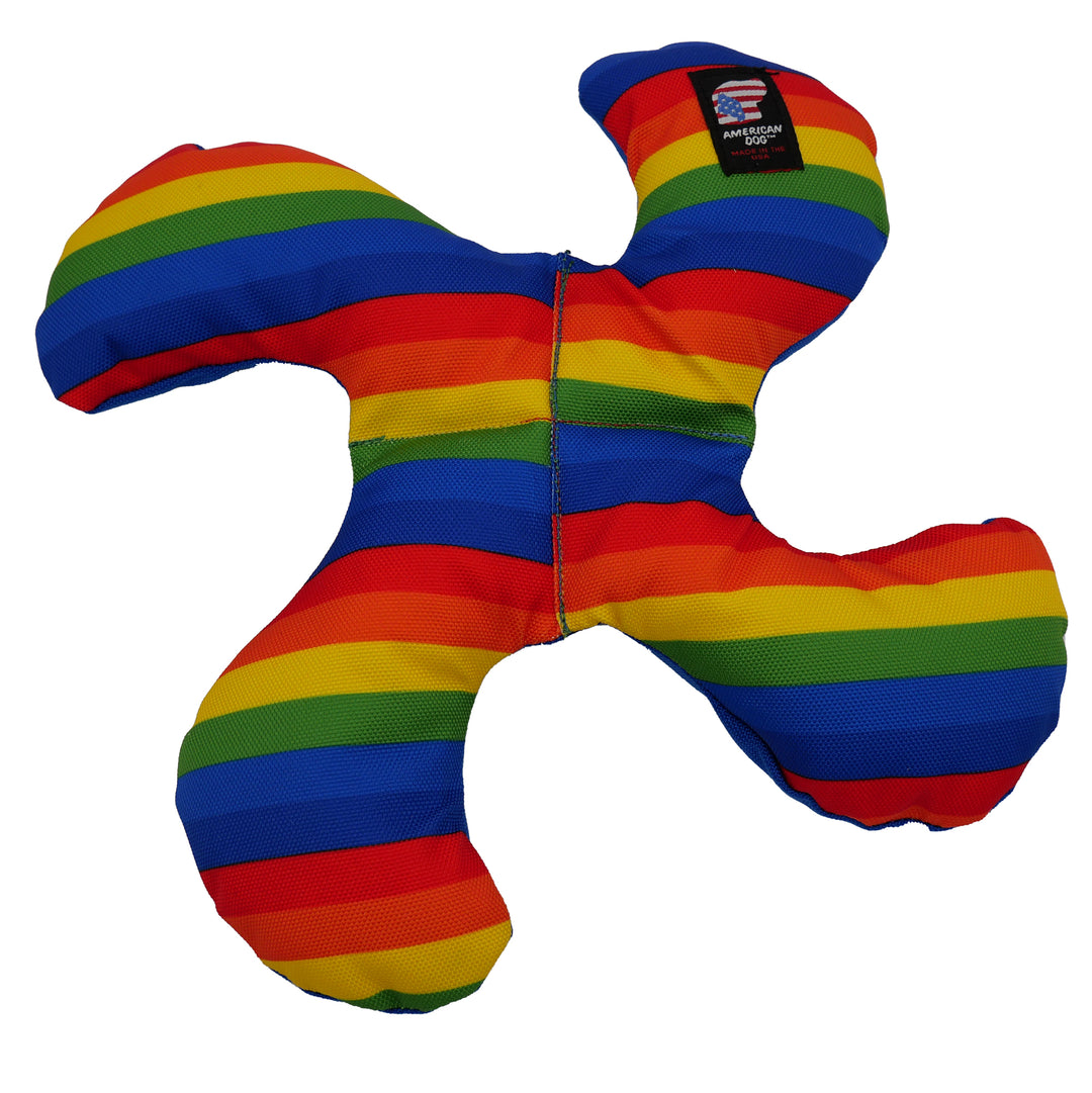 Rainbow striped dog toy with four curved outcroppings to grab