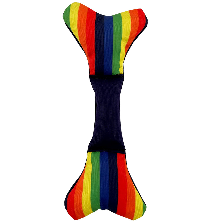 Bone shaped dog toy with rainbow colored ends and solid middle