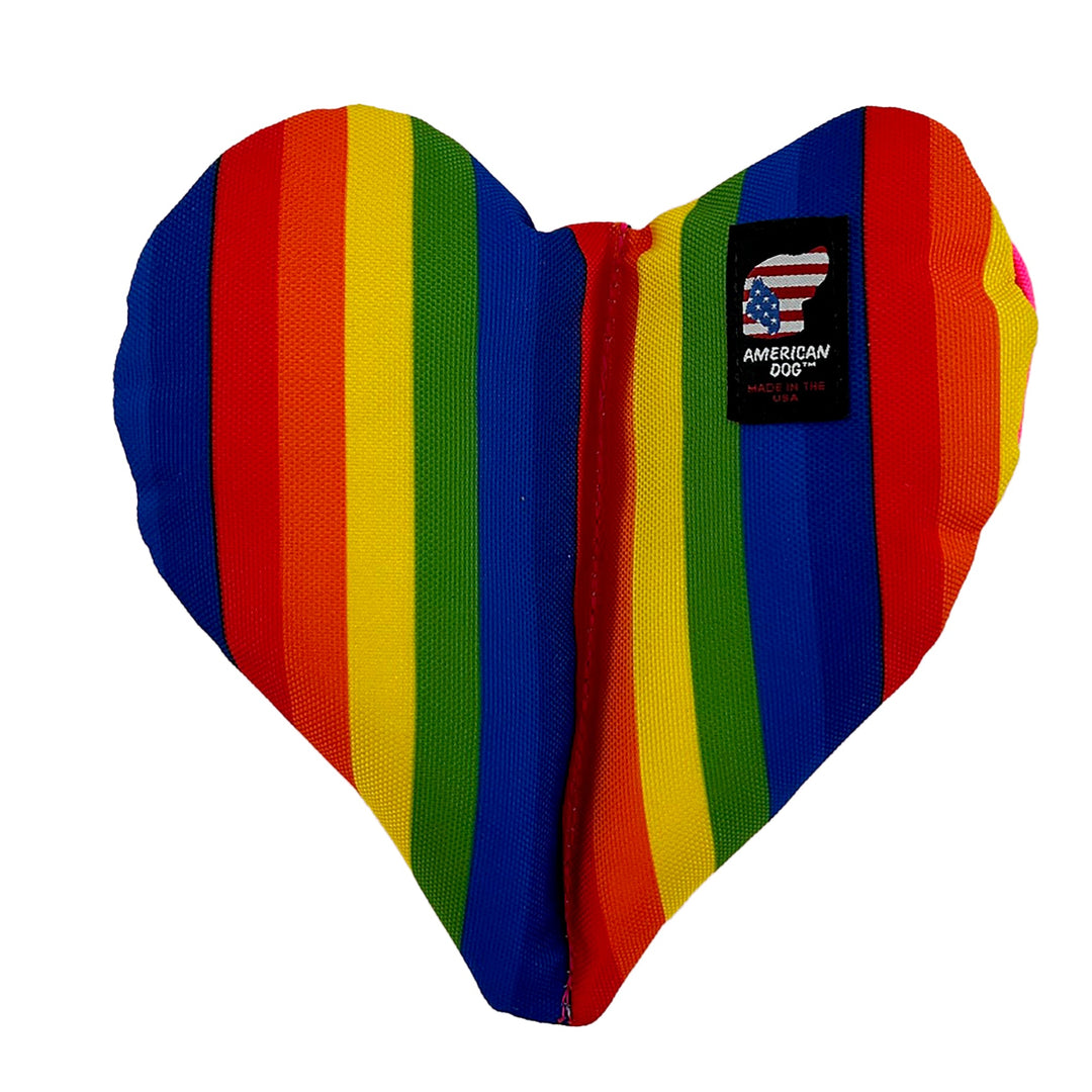 Heart shaped dog toy with rainbow stripes