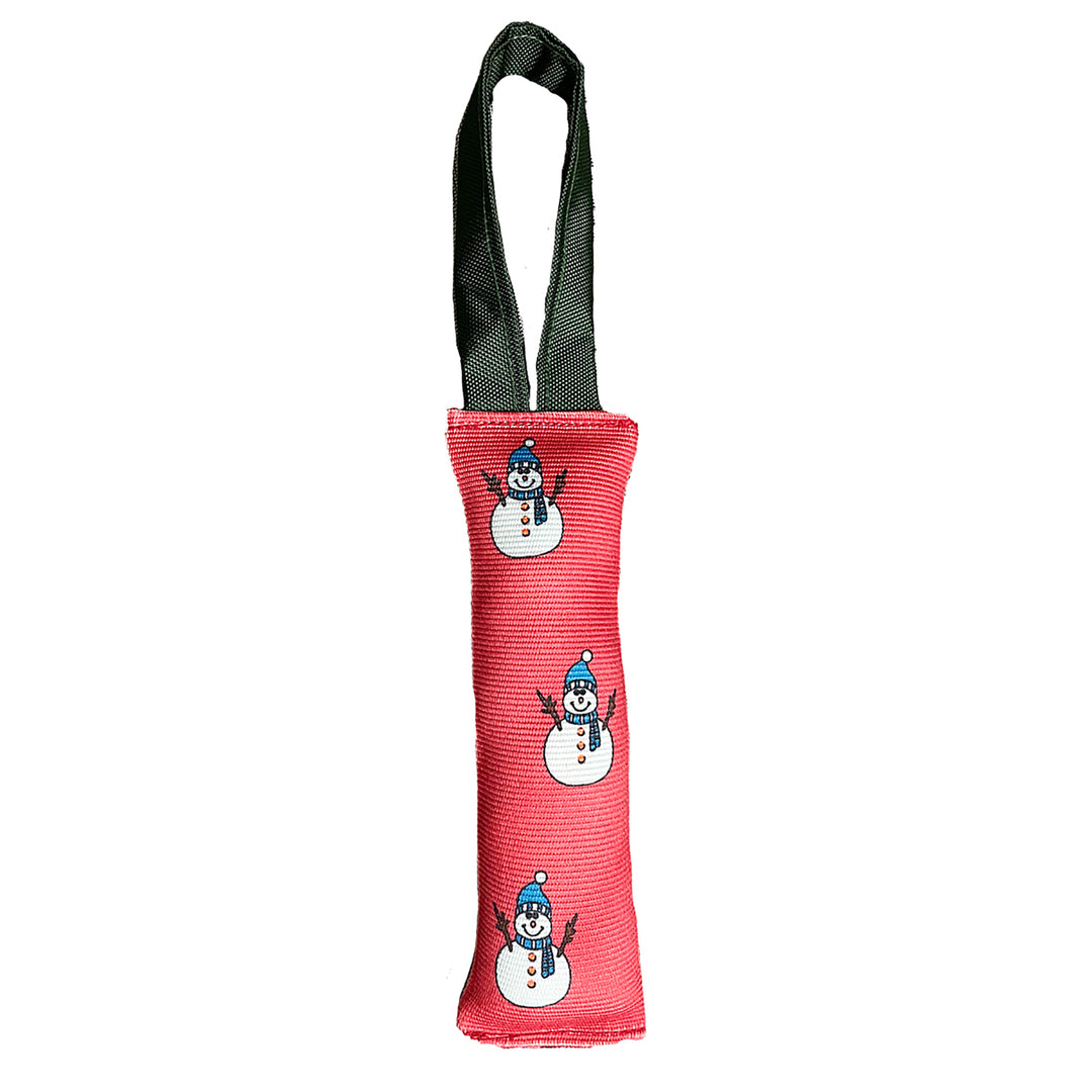 Red fire hose with snowmen and black handle.