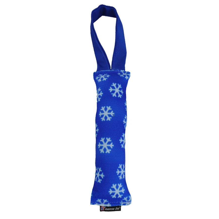 Blue fire hose with white snowflakes and a blue handle.