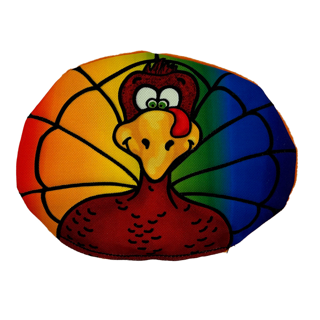 Turkey dog toy with rainbow colored tail