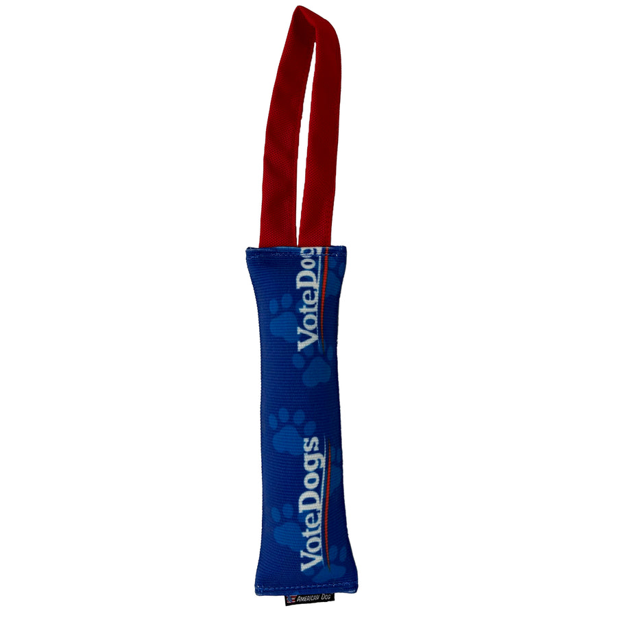 Blue firehose with dog paw prints and Vote Dog with red handle.