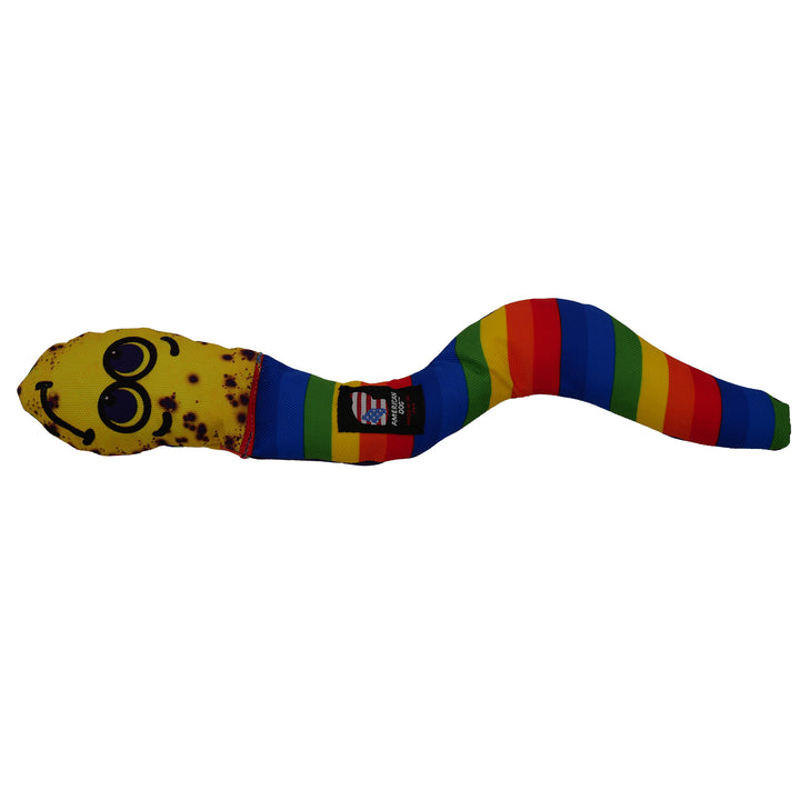 Rainbow striped worm shaped toy with smiley face