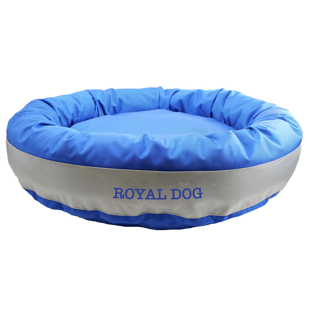 Royal round bolstered dog bed with silver band and royal embroidered "Royal Dog'.