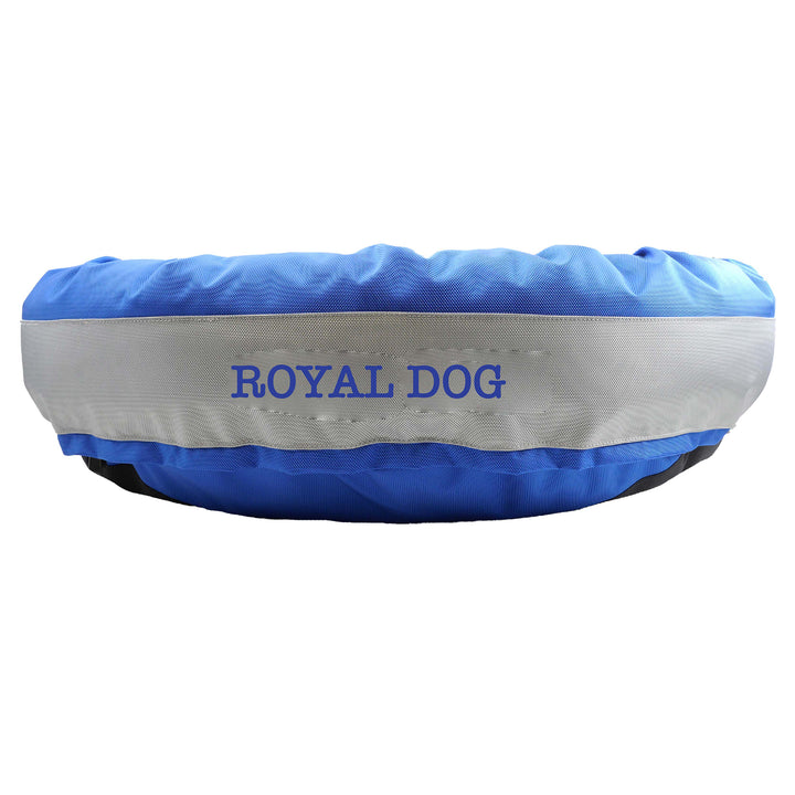 Royal round bolstered dog bed with silver band and royal embroidered "Royal Dog'.