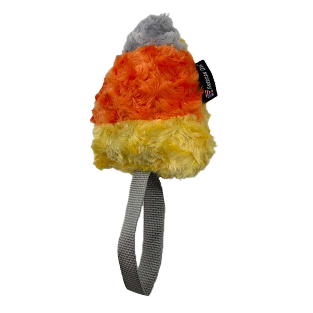 Silver, orange, yellow fleece dog toy in the shape of Candy Corn with a silver web handle