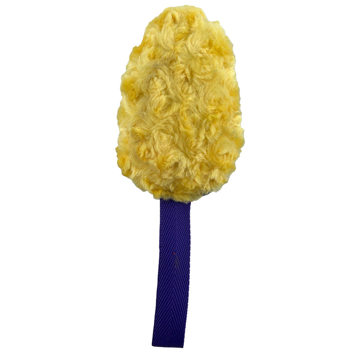 Yellow fleece in an egg shape with a purple web handle