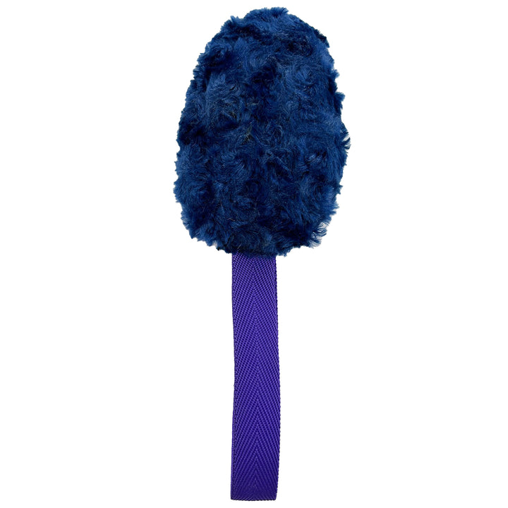 Blue fleece in an egg shape with a purple web handle