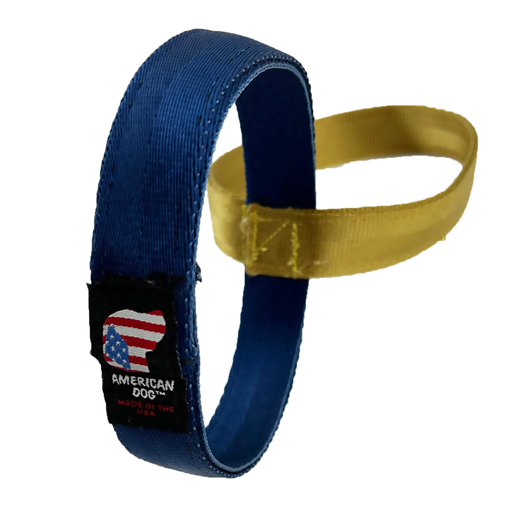 Gold & blue loops connected in the middle with American Dog label.