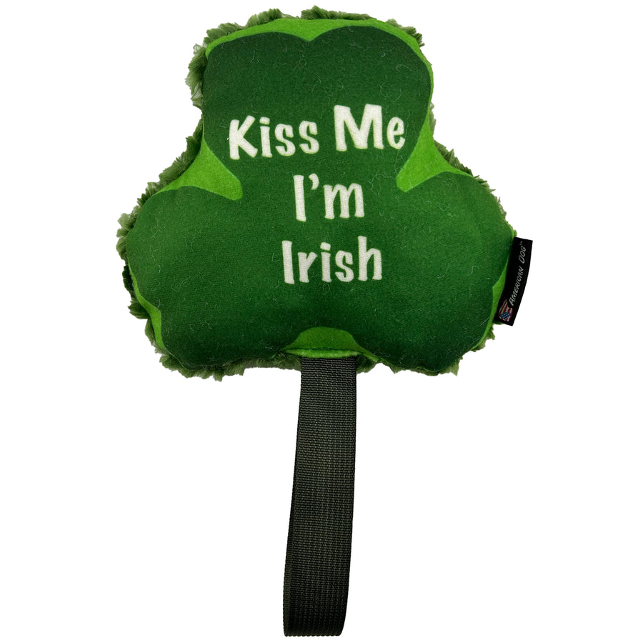 Green fleece in the shape of a Shamrock and with a green handle. Words 'Kiss Me I'm Irish'