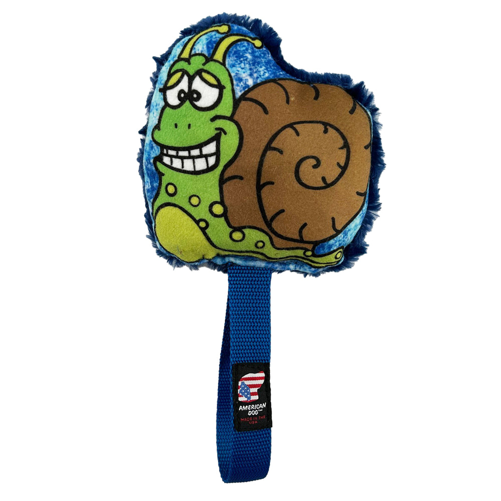 Image of a green snail with a silly grin and with a brown spiral shell and blue web handle