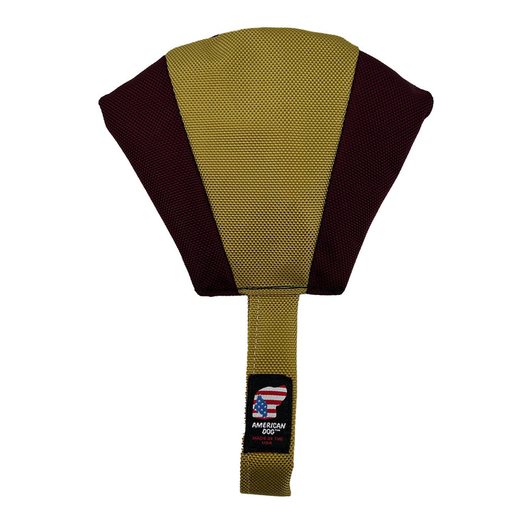 Fan shaped dog toy with handle. Maroon and gold colors