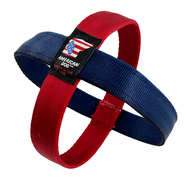 red & blue ring shaped ball with American Dog logo