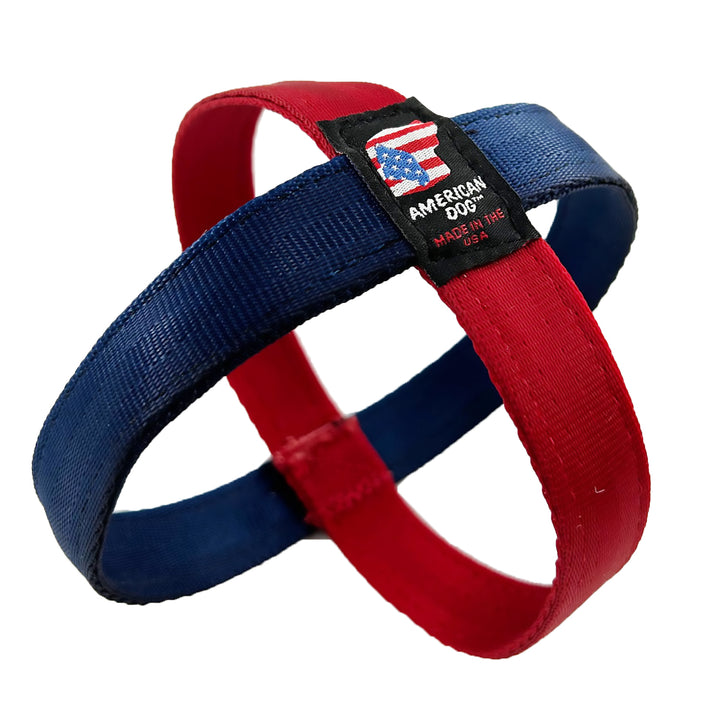 red & blue ring shaped ball with American Dog logo