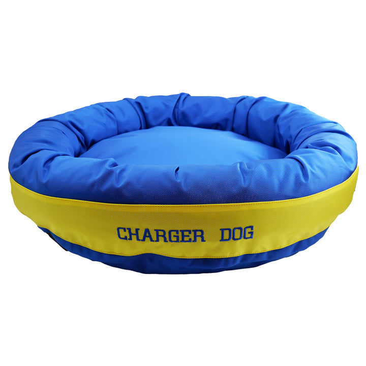 blue & yellow bolstered dog bed embroidered Charger Dog in blue