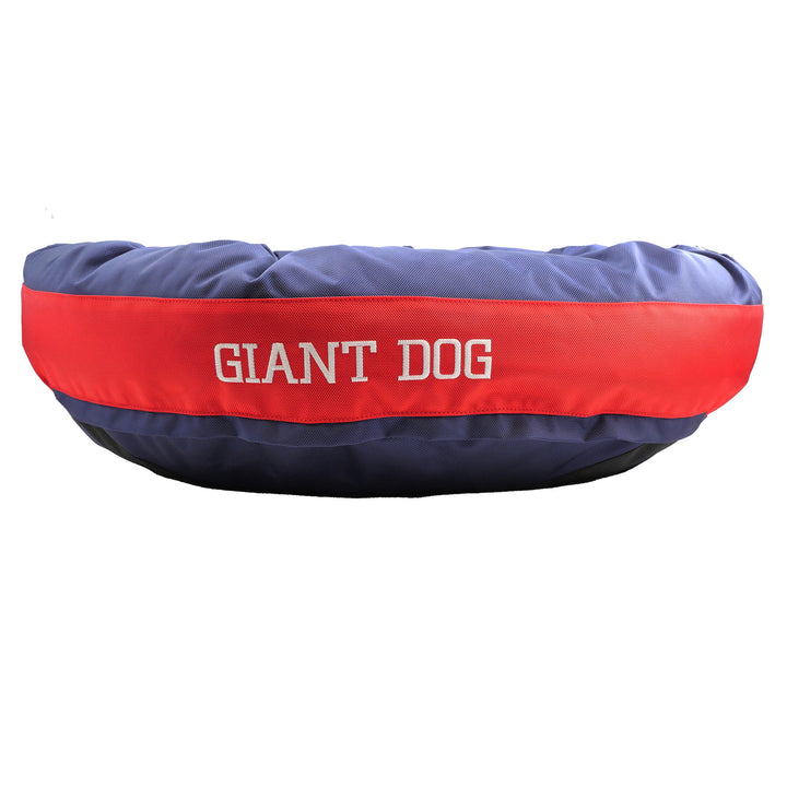 Blue round bolstered dog bed with red strip with embroidered 'Giant Dog'