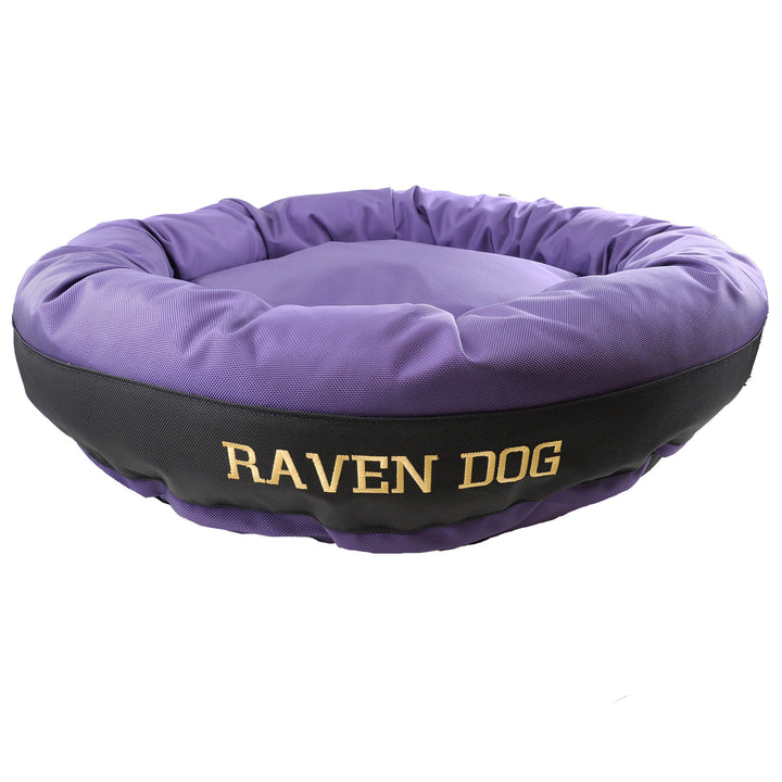 Purple and Black bolstered dog bed with embroidered "raven Dog' in gold